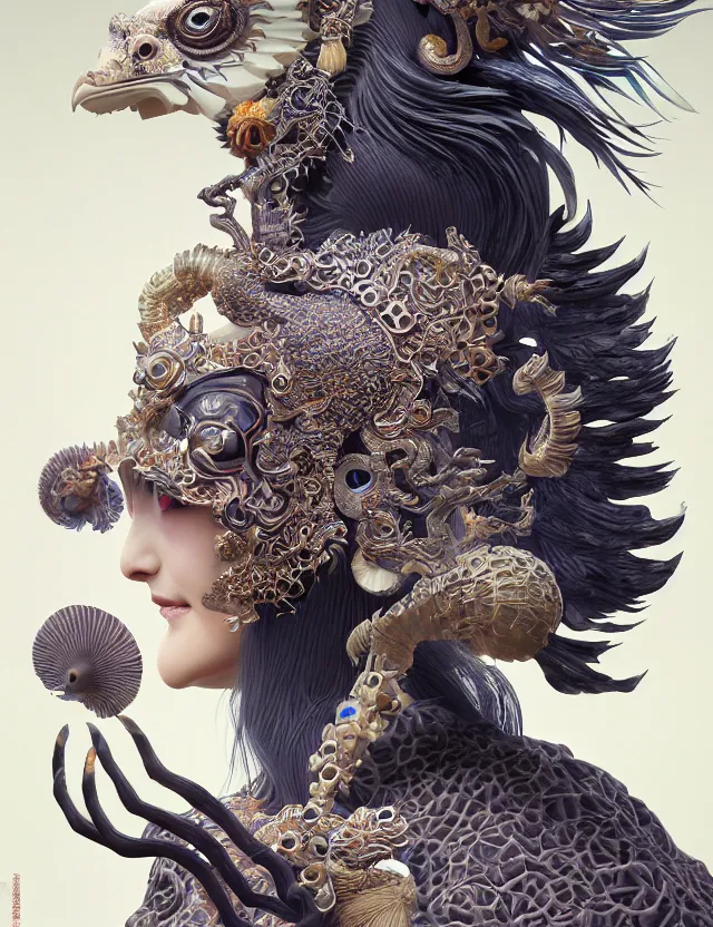 Image similar to 3 d goddess close - up 3 / 4 portrait with ram skull. beautiful intricately detailed japanese crow kitsune mask and clasical japanese kimono. betta fish, jellyfish phoenix, bio luminescent, plasma, ice, water, wind, creature, artwork by tooth wu and wlop and beeple and greg rutkowski