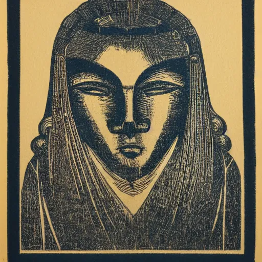 Prompt: woodblock print of the face of janus