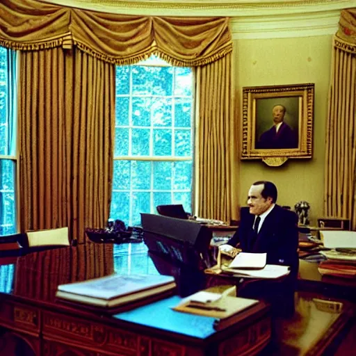 Image similar to President Richard Nixon in the Oval Office. White House photo. Dramatic lighting, color.