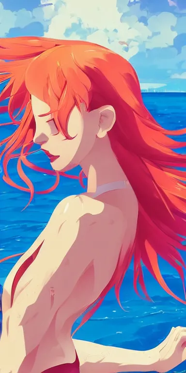 Image similar to redhead 👩👙😘 🏖🌊🌅 digital painting, anime inspired, clean cel shaded vector art. shutterstock. behance hd by lois van baarle, artgerm, helen huang, by makoto shinkai and ilya kuvshinov, rossdraws, illustration, art by ilya kuvshinov