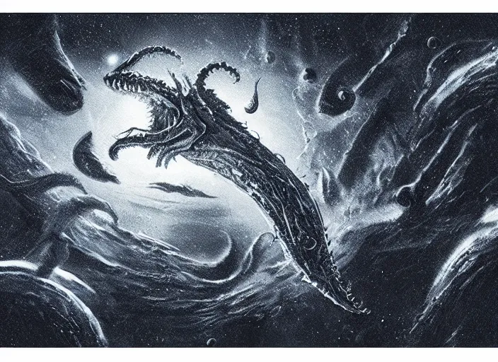 Prompt: a picture of a sea monster in the middle of the galaxy in the style of guillermo del toro