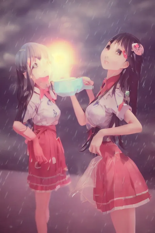 Image similar to art by D. Jun, by Mo Xiang Tong Xiu, 3d Infrared photo UE 4 cute girls in Japanese maid's clothes and smoking inside a JDM car in the rain at sunrise in a parking lot, anime vintage colors, polaroid, foggy, trending on artstation, volumetric light, cinematic render, ultra realistic, oil painting