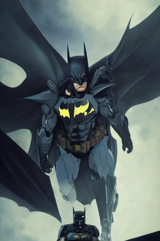 Image similar to batman gundam, unreal engine 8 k, illustration, comprehensive art, thorough details, intricate, artstation atmosphere, highly detailed, symmetrical, concept art, nc wyeth, artstation, craig mullins, william adolphe bouguereau, digital painting, james jean, joao ruas, takashi murakami, gregory crewdson cinematic lighting, 4 k