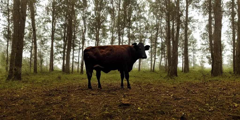 Prompt: photo of a cow standing on 2 legs hiding behind a tree in a dark gloomy forest