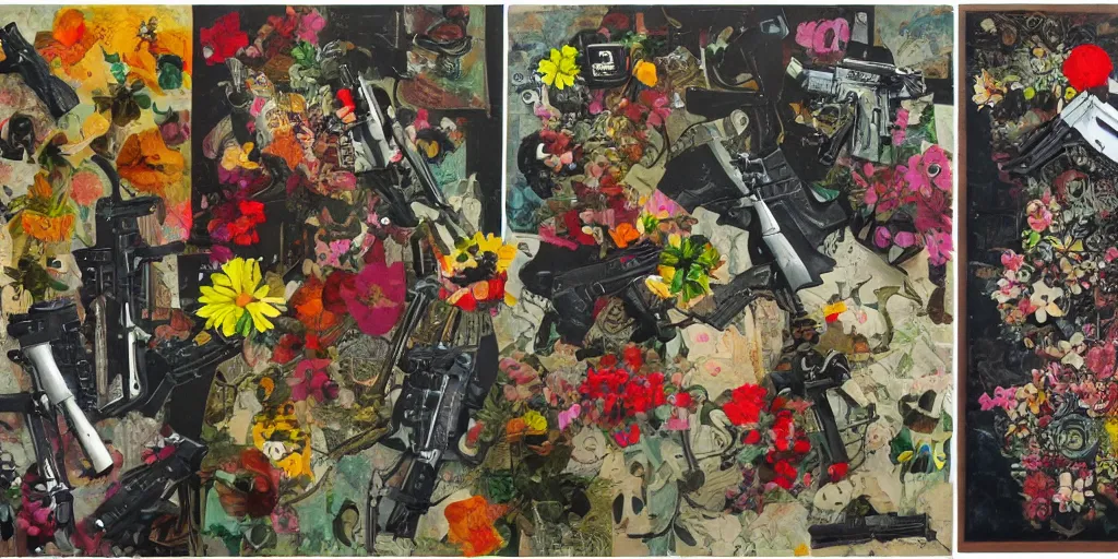 Prompt: guns and flowers, collage, acrylic on canvas, expressionism movement, breathtaking detailed, by blake neubert