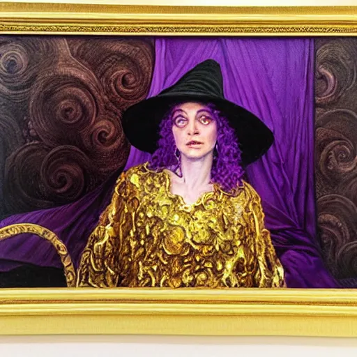 Image similar to portrait of a purple witch with golden embroidery, by donato giancola.