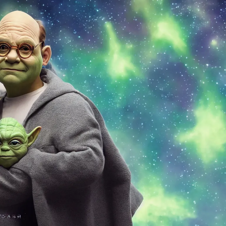 Prompt: a george costanza and yoda hybrid from star wars, high quality portrait photoshoot, bokeh, studio lighting, high fashion photoshoot, nebula space background, 8 k