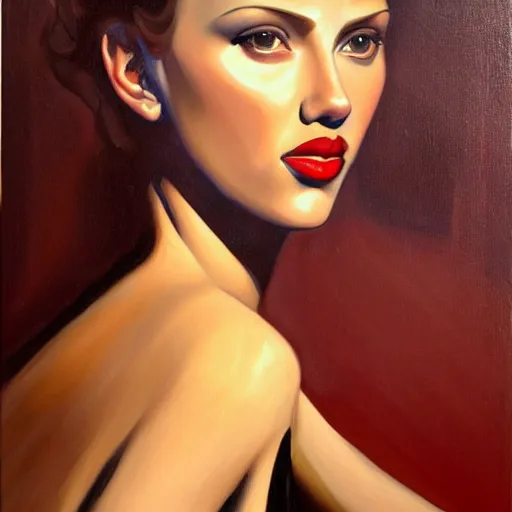 Image similar to painting of Scarlett Johansson in the style of Tamara de Lempicka