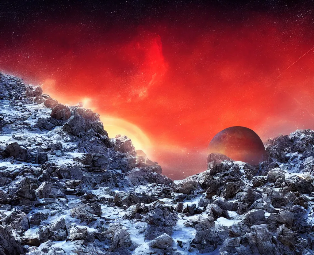 Prompt: A rocky valley surrounded by snow-capped mountains, nighttime, orange gas giant, red nebula, no clouds, sci-fi, photorealistic, landscape