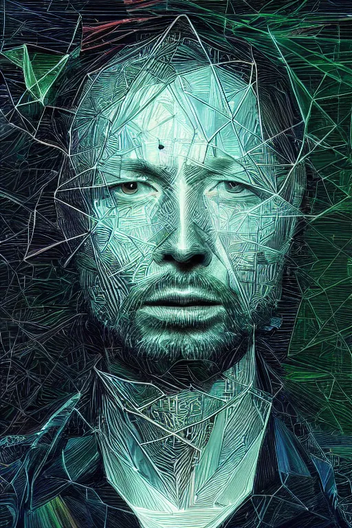Prompt: A portrait of Thom Yorke as a cyberpunk android, iridescent geometry, surrounded by fractal dust, highly detailed, intricate, soft, sci-fi, sharp focus, subsurface scattering, art by Caravaggio, Greg rutkowski, Moebius, Greg Rutkowski, Alphonse Mucha, Norman Rockwell, Tom Bagshaw.