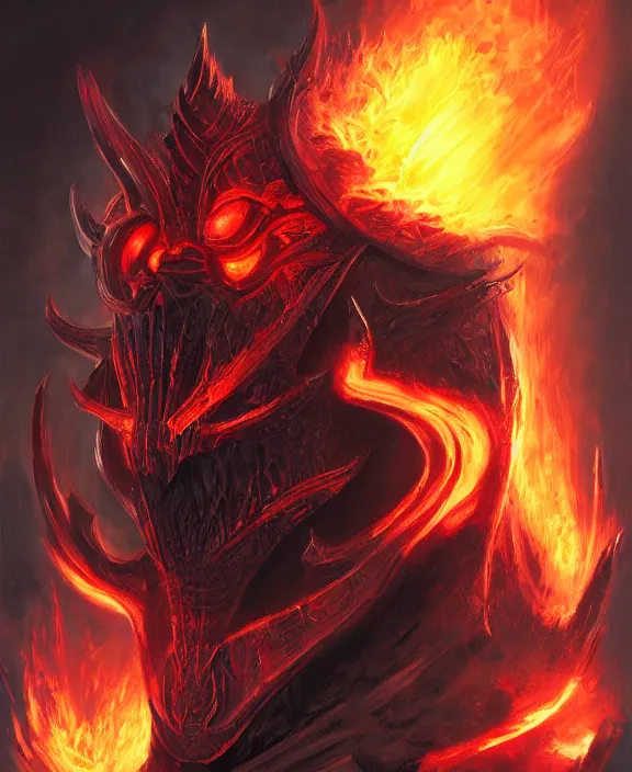 Prompt: a detailed portrait of a menacing armoured dark lord with glowing red eyes and a crown of fire by Tyler Edlin and Moebius, 4k resolution, photorealistic