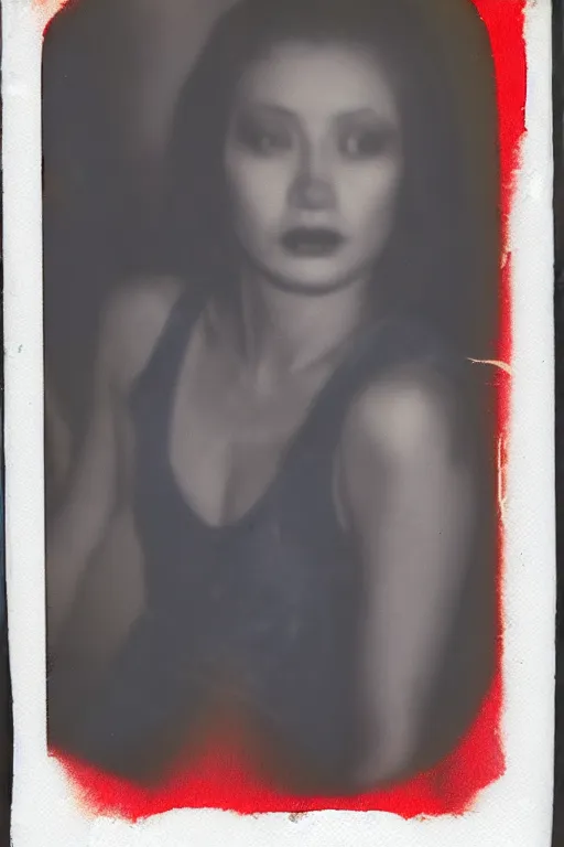 Prompt: weathered old analog polaroid portrait photograph of an attractive female devil, horror, monster, demon, azure and red tones, space, stars, nebula, lensflare, sunlight, glare, depth of field, bokeh, filmgrain, red color bleed