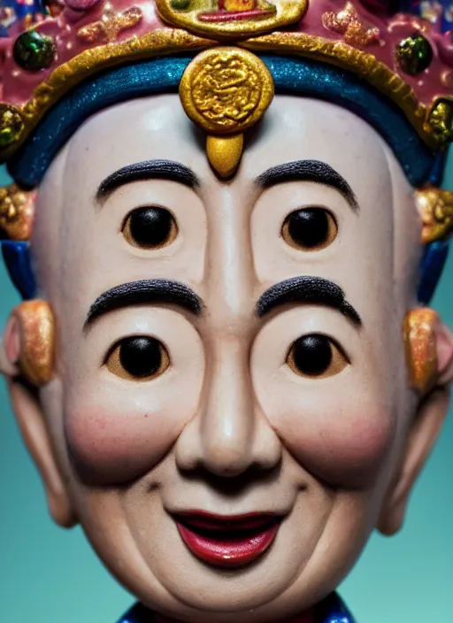 Image similar to closeup face profile portrait of tin toy dalai lama as a fairytale prince wearing a crown eating cakes, depth of field, zeiss lens, detailed, symmetrical, centered, fashion photoshoot, by nicoletta ceccoli, mark ryden, lostfish, breathtaking, 8 k resolution, extremely detailed, beautiful, establishing shot, artistic, hyperrealistic, octane render