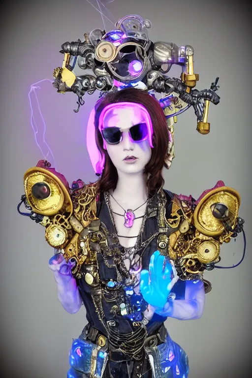 Prompt: full-body porcelain baroque steampunk futuristic style sculpture of a young beautiful goddess as a half-robot wearing cholo shades, blue glowing lips, mechanical fingers, oozing neon radioactive liquid, electric sparks, glowing hot magenta laser beam eyes, blue diamonds, golden steampunk necklace with a glowing white crystal orb, flowing pink satin, industrial fabrics, mechanical plants. baroque and steampunk elements. full-length view. baroque element. intricate artwork by caravaggio. Trending on artstation, octane render, cinematic lighting from the right, hyper realism, octane render, 8k, depth of field, 3D