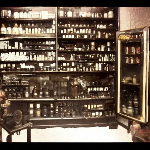 Prompt: apothecary cabinets of curiosities antiques, vintage photo, blade runner, scifi, cfg = 3