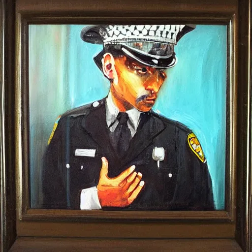 Prompt: “a cop in jail oil panting”