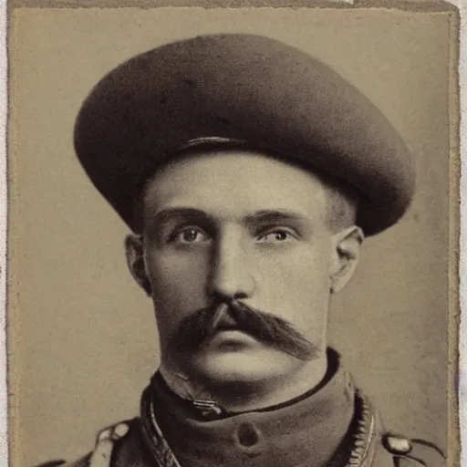 Image similar to late 1 9 th century, austro - hungarian!!! soldier ( handsome, 2 7 years old, redhead michał zebrowski with a small mustache ). old, sepia tones, detailed, hyperrealistic, 1 9 th century portait by emil rabending