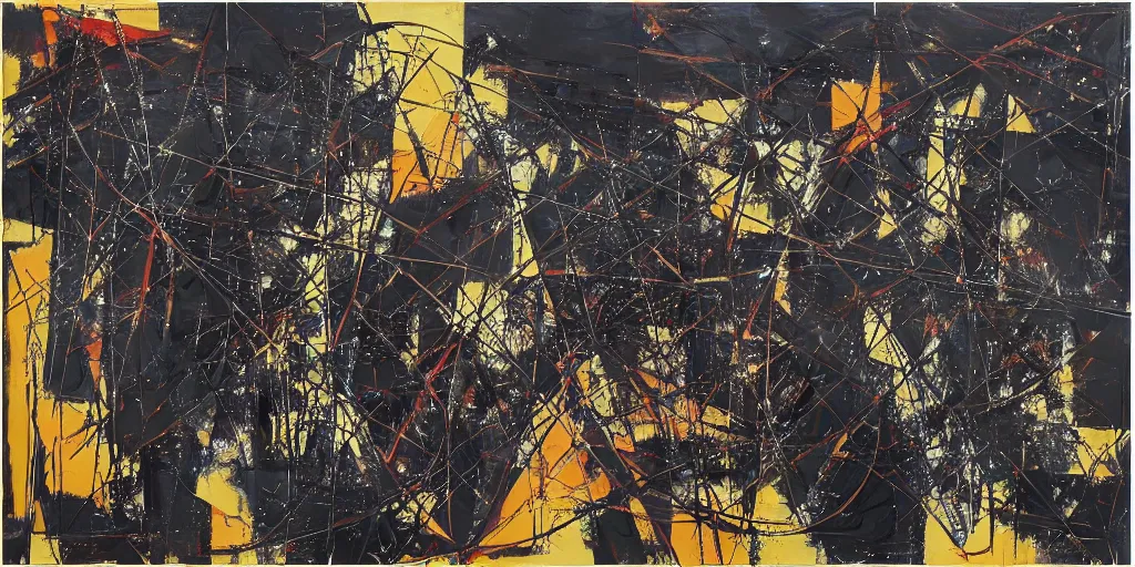 Prompt: “ a geometric mixed media painting, collaboration with pierre soulages and jackson pollock in which the paint strokes express a symphonic poem, ultra detailed, elaborate, 2 d with 3 d feel, unique textures, pattern, orchestra, music wave patterns embedded in the paint, triadic colors, hazy noisy tones ”