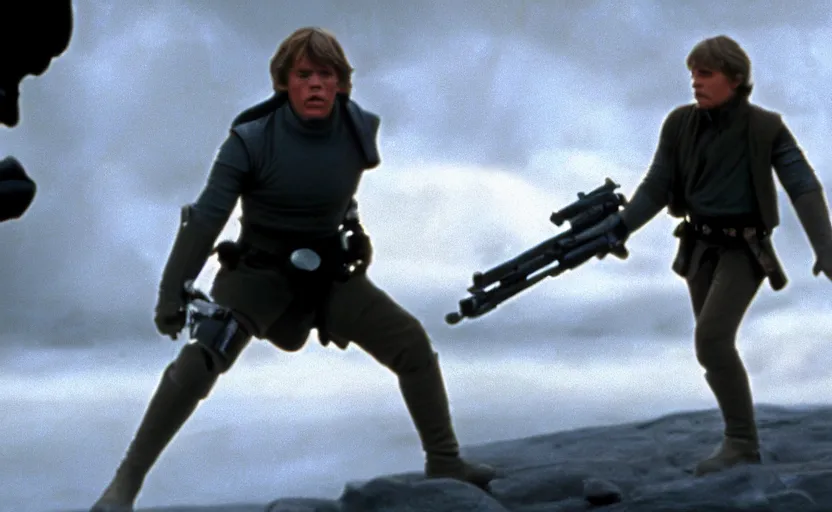 Image similar to screenshot of the epic scene featuring Luke Skywalker in grey body armor, iconic scene from 1980s film by Stanley Kubrick, 4k, cinematic still frame, surreal sci fi architecture, portrait photoreal, detailed face, moody lighting, stunning cinematography, hyper detailed, sharp, anamorphic lenses, kodak color film stock