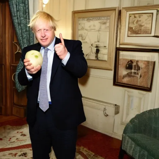 Image similar to a photo of boris johnson on tv showing everyone the turnip he found