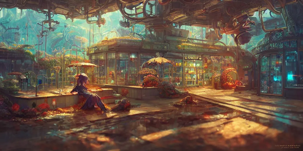 Prompt: an intricate concept art, illustration, fantasy micro - world in a convenience store, large mechanical biomes, ultra photorealistic, ultra sharp, pinterest, artstation, cgsociety, pinterest, digital art, anime colors, style by artgerm and wlop, hyperrealistic, octane render, 8 k