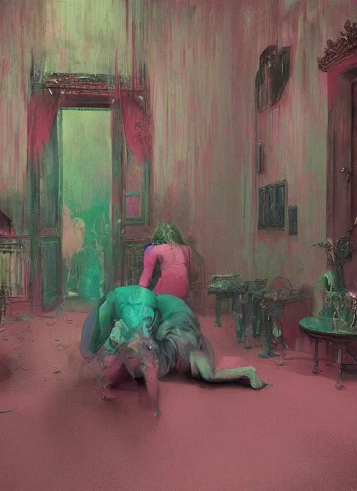 Prompt: eventually even those who avoided the world were drawn into its madness. gothic, rich deep pink, blue and green colours, creepy, mystical, highly detailed and intricate, by francis bacon, edward hopper, adrian ghenie, glenn brown, soft light 4 k, pink and green colour palette, cinematic composition, cinematic lighting, high quality octane render