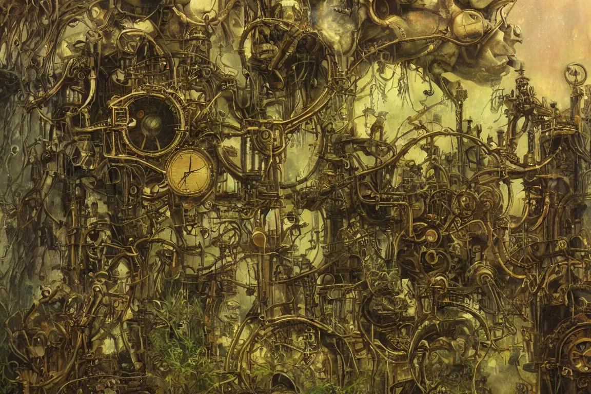 Image similar to Detail of surrealistic oil painting 'Steampunk time machine in a gigantic hall overgrown with alien plants' in the style of Frank Frazetta with his characteristic brush strokes, Artstation.