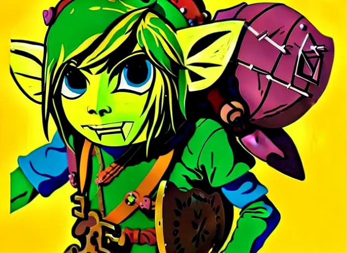 Image similar to majoras mask link!! from the legend of zelda!! portrait illustration, pop art, splash painting, art by geof darrow, ashley wood, alphonse mucha, makoto shinkai