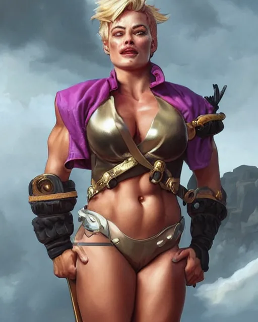 Image similar to full figure ultra realistic illustration, margot robbie as thick female bodybuilder pirate zarya from overwatch smiling with closed eyes, intricate, elegant, highly detailed, digital painting, artstation, concept art, smooth, sharp focus, illustration, art by artgerm and greg rutkowski and alphonse mucha