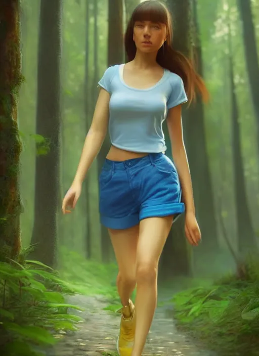 Image similar to young woman walking : : blue shorts yellow shirt : : magic raining forest nature : : weta disney pixar movie still photo : : decadent highly - detailed digital painting, full length shot, golden ratio, octane render, artstation, smooth, sharp focus, artgerm, mucha, loish, wlop, gogo