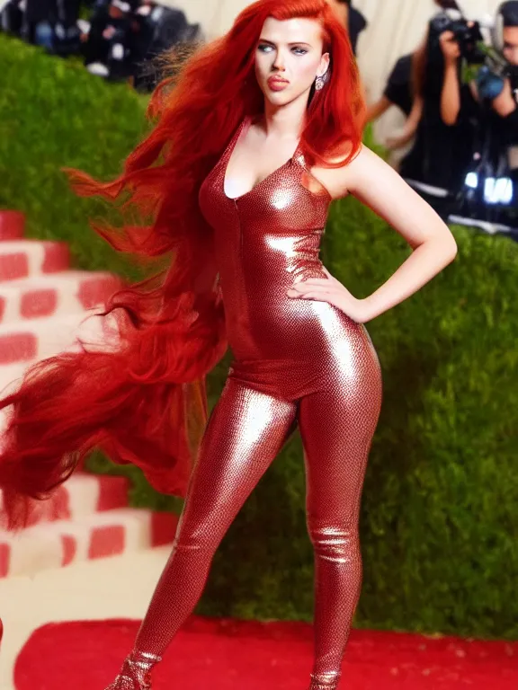 Prompt: sexy young Scarlett Johansson with long red hair wearing Translucent metallic mirror chrome latex crazy outfit Met Gala photoshoot