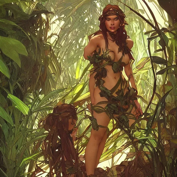 Image similar to leona in a jungle by artgerm, greg rutkowski, alphonse mucha