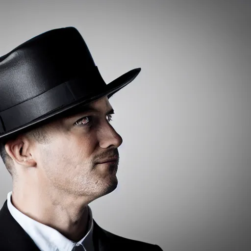 Image similar to a gentleman wearing a black leather hat, cinematic style, front view, cool looking