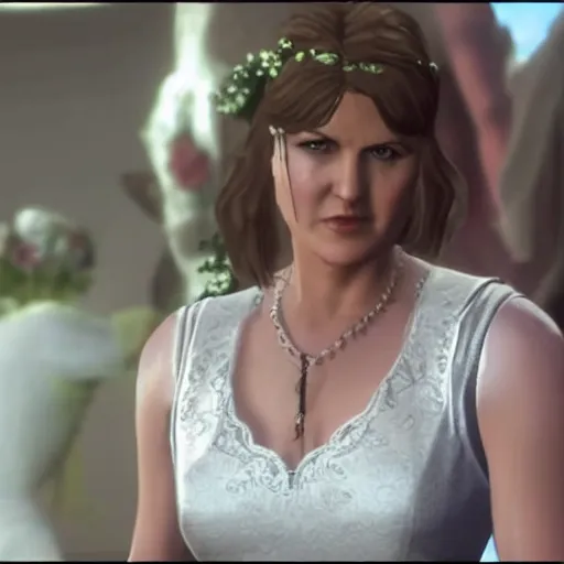 Image similar to young Lucy Lawless in a wedding dress in GTA 5.