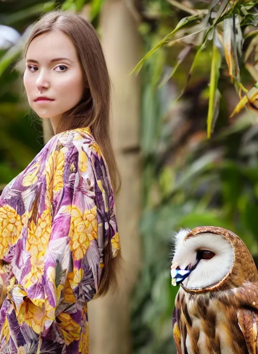 Image similar to portrait photograph of beautiful young female model, symmetric face, symmetric eyes, slight smile, natural light, wearing a yellow kimono with a very detailed barn owl on her shoulder!!! in a tropical greenhouse. looking at the camera!!. super resolution. Extremely detailed. Graflex camera, bokeh.