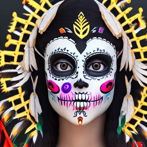 Image similar to zelda wearing dia de los muertos mask, with aztec feathered garments sigma 7 5 mm photo realism, ultra realistic, 8 k resolution, octane render, 3 d render, surreal