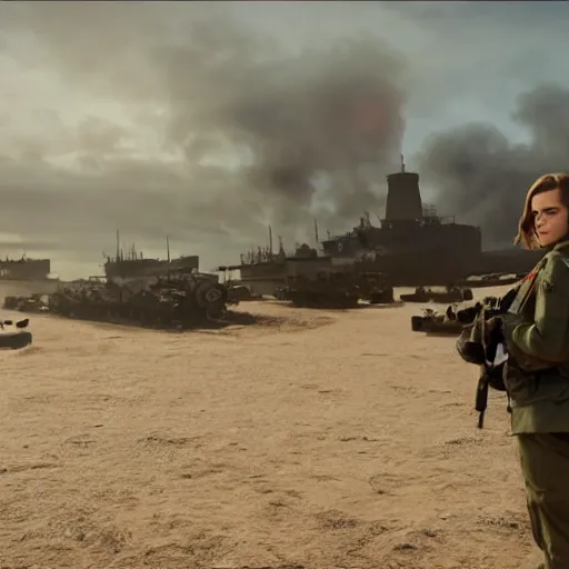 Prompt: footage of emma watson in d - day, unreal engine 5 highly rendered, radiant light, detailed and intricate environment, wide angle, cinematic lighting