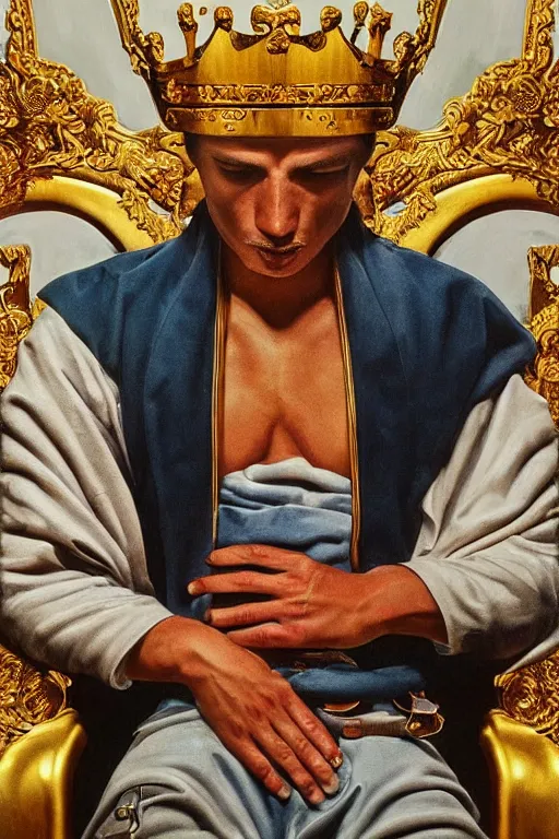 Prompt: hyperrealism oil painting of a handsome man, strong jaw, symmetrical, sitting in a gilded throne, tubes coming out of the man's arm, getting a blood transfusion. baby giving blood. in the style of classicalism mixed with 7 0 s japanese book art. detailed. beautiful