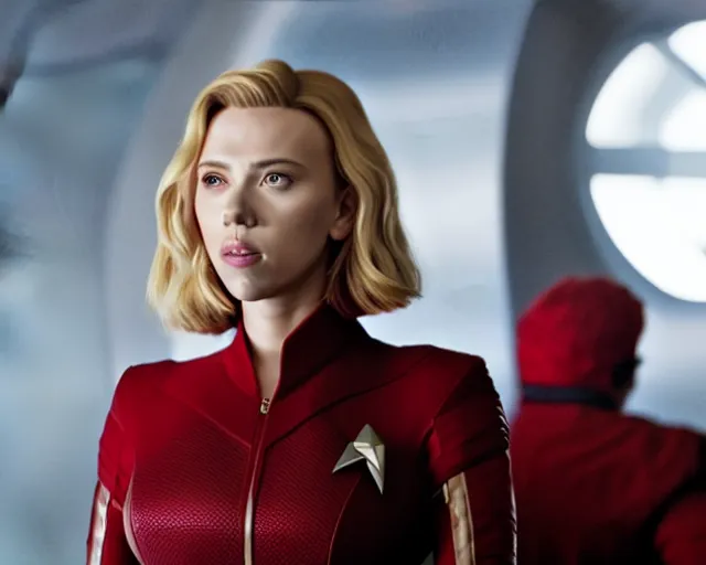 Image similar to portrait of scarlett johansson, in starfleet uniform, in a scene from the tv series vikings