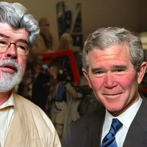 Image similar to george lucas and george w. bush meeting at a starwars convention, photography, realistic, realism, photorealism