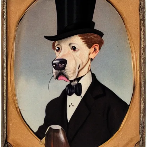 Prompt: Portrait of a black hunting terrier in a suit with a top hat and a monocle smoking a cigare