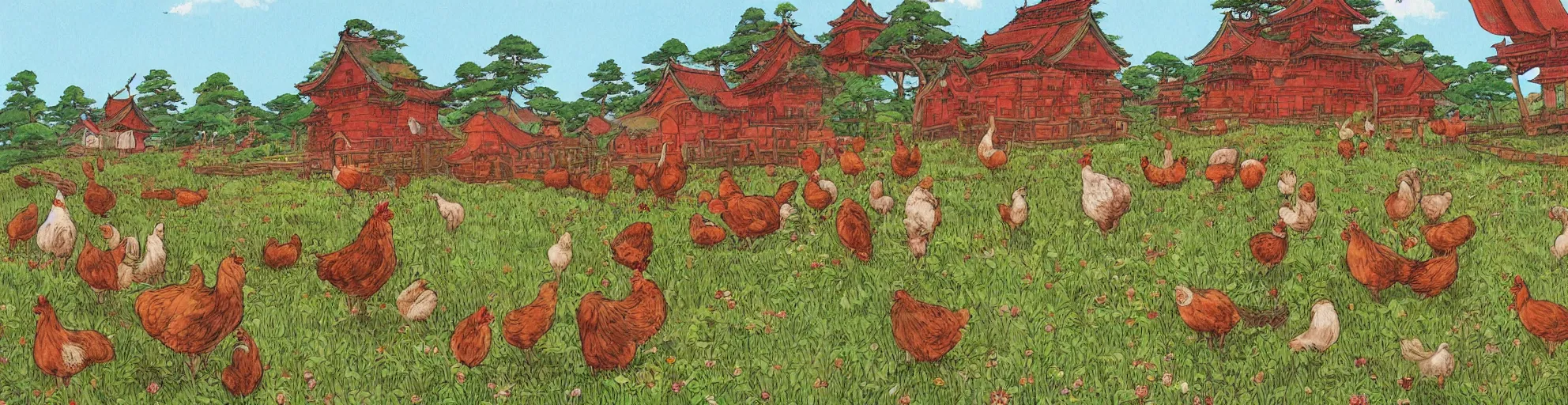 Image similar to big red and brown japanese fort in a meadow with chickens by studio ghibli painting