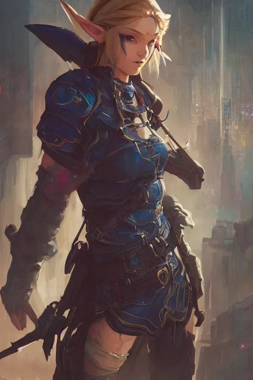 Prompt: Detailed masterpiece concept art of Cyberpunk Princess Zelda in a gritty world hyperdetailed concept art by Ross Tran and Greg Rutkowski, high quality DnD illustration, trending on ArtStation, all rights reserved Wizards of the Coast. Film grain