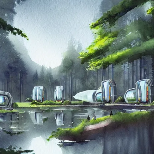 Image similar to beautiful happy picturesque charming organic futuristic sci - fi town of pod homes integrated in a forest area. water and trees. beautiful light. grainy and rough. soft colour scheme. beautiful artistic detailed watercolor by lurid. ( 2 0 2 2 )