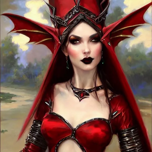 Prompt: Gothic elf princess in red dragon armor by Konstantin Razumov, face close up