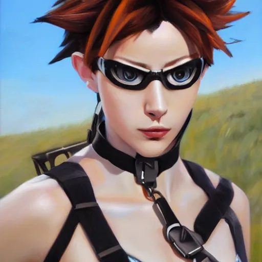 Prompt: oil painting of tracer overwatch in a field wearing spiked collar around neck, in style of peter kemp, expressive face, wearing choker with spikes, steel collar, detailed face, detailed eyes, full body, feminine face, tracer overwatch,