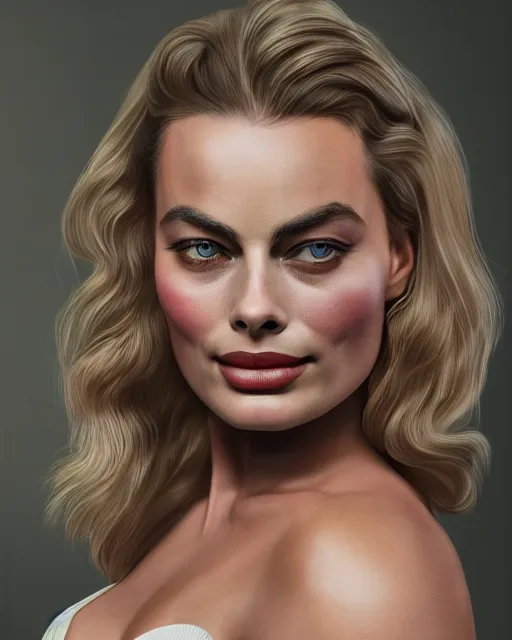 Image similar to Beautiful Head and shoulders portrait of margot robbie wearing a camisole by alberto Vargas, arney freytag, artstation, fashion photoshoot, urban jungle, fashion pose, octane, 4k