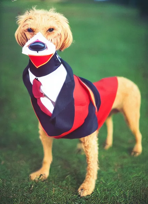 Image similar to a fashion portrait photograph of a dog in a suit wearing mask designed by jean paul gaultier, 3 5 mm, color film camera, pentax