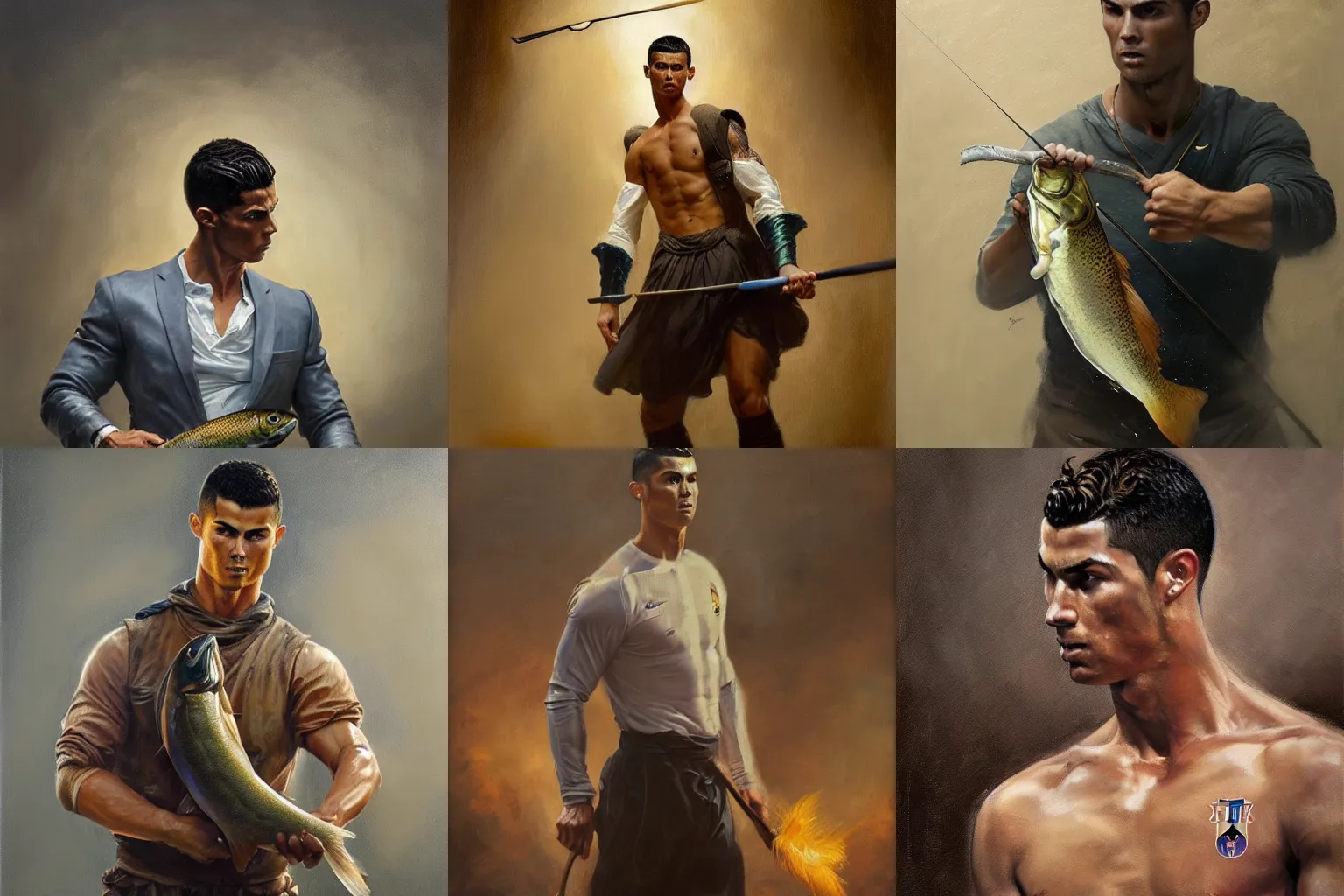 Prompt: Beautiful oil painting depicting Cristiano Ronaldo in court holding a trout, Lucas Graziano, Frank Frazetta, Greg Rutkowski, Boris Vallejo, epic fantasy portrayal of characters, exquisite details, post-processing, low angle, masterpiece, cinematic