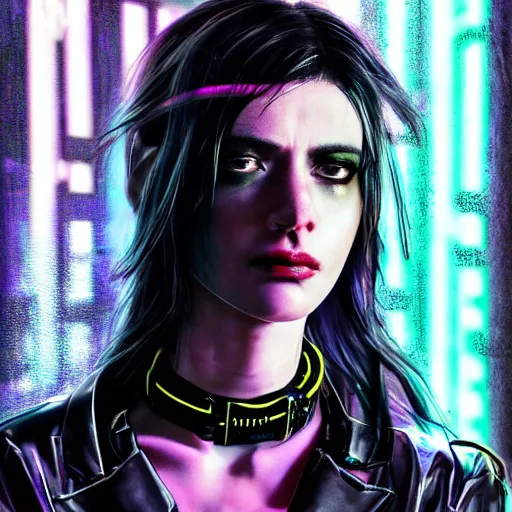 Image similar to detailed realistic cyberpunk female character cyberpunk wearing steel collar around neck, realistic, art, beautiful, 4K, collar, choker, collar around neck, punk, artstation, detailed, female, woman, choker, cyberpunk, neon, punk, collar, choker, collar around neck, thick collar, choker around neck, wearing choker, wearing collar, bright neon punk hair,